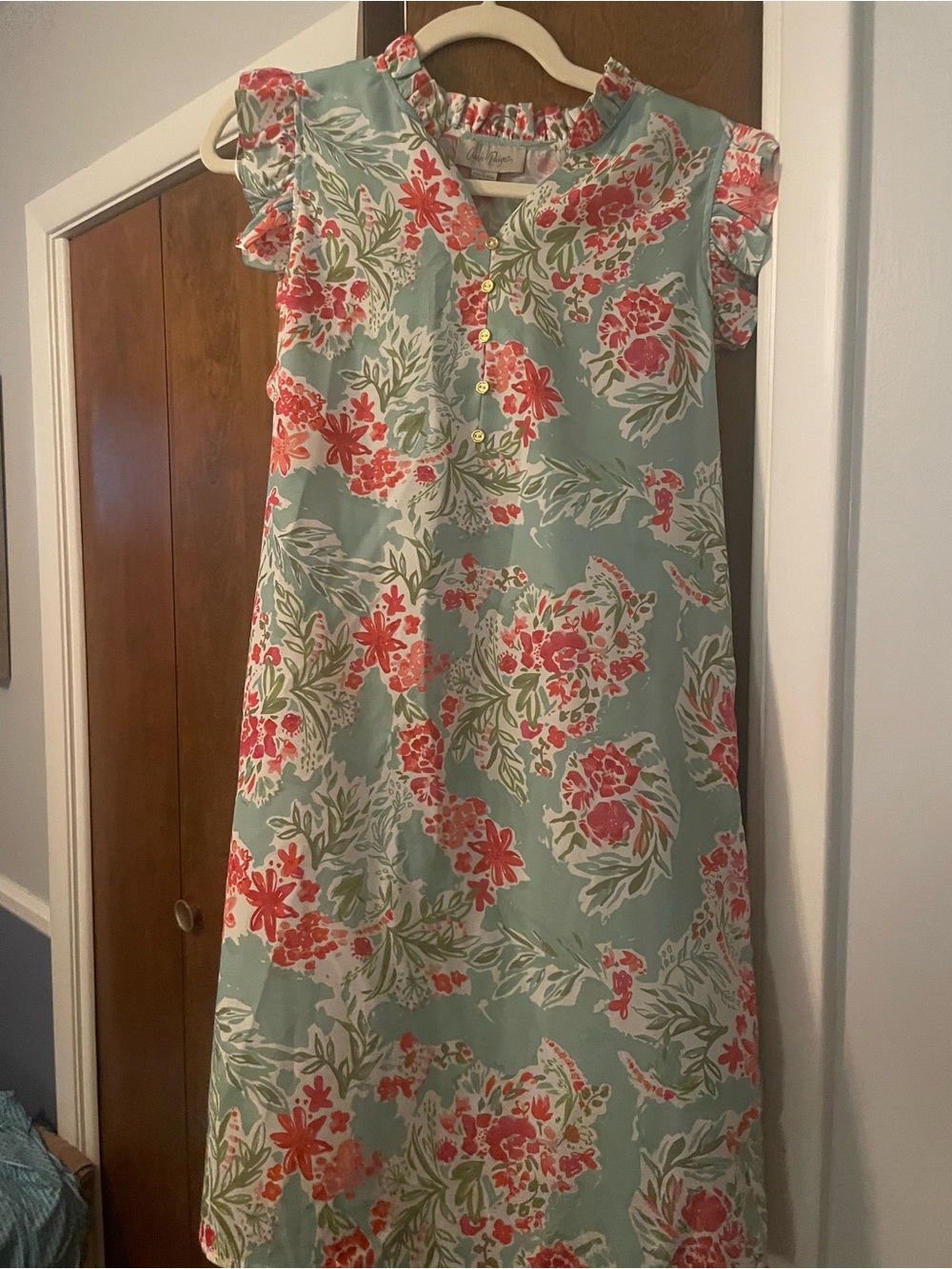 Charlie Paige Mint Green Floral Midi Dress with Coral & White Bouquet